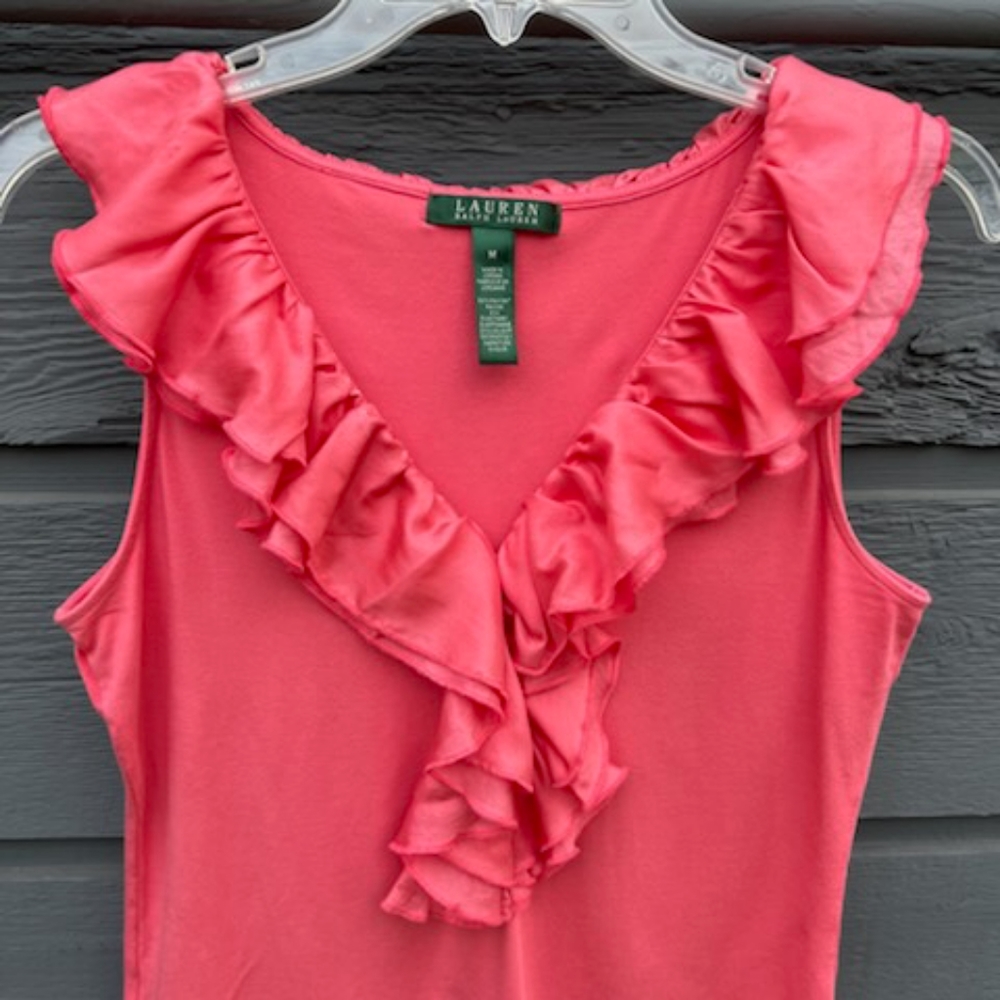 RALPH LAUREN PINK SLEEVELESS RUFFLE VNECK TOP SIZE MEDIUM